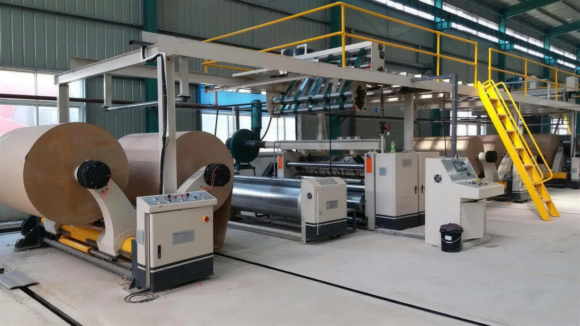 A corrugator line in a corrugated-board plant