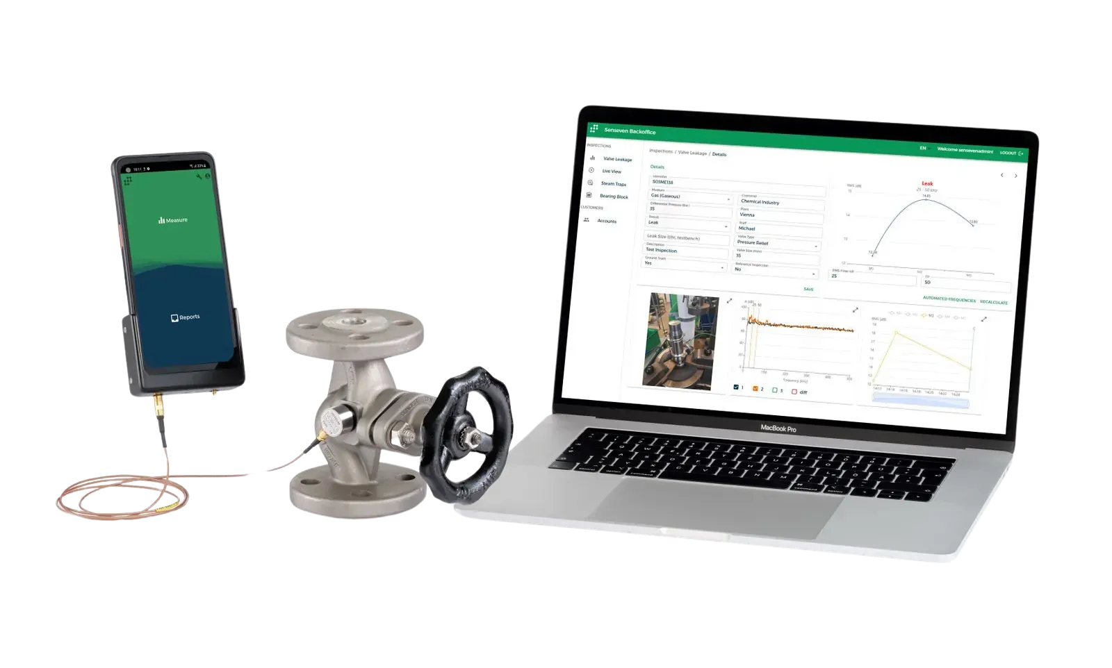 Senseven sensor on a valve, with phone and laptop